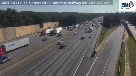 I-75 S before SR120Alt/NMariettaPkwy MM 265.3 live camera view